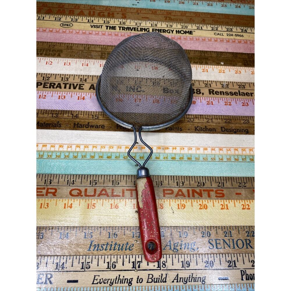 Vintage Kitchen Medium Size Red Wooden Handle Strainer Rustic Farm Decor Cottage